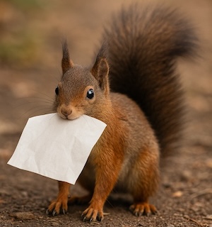 Bild på ekorre med en papperslapp i munnen